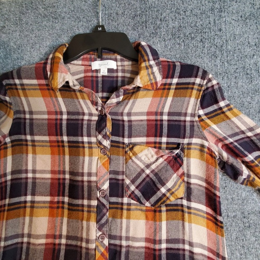 Becaal Womens Plaid Brown Flannel  button up shirt Size Small S 100% Rayon